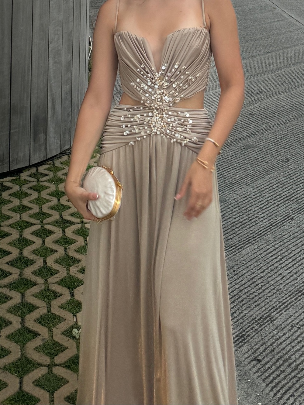 Elegant Champagne Cutout Evening Gown with Embellished Waist